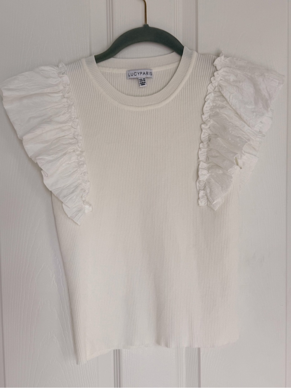 Lucy Paris Women White Ruffle Sleeve Ribbed Top M Coquette Romantic Quiet Luxury